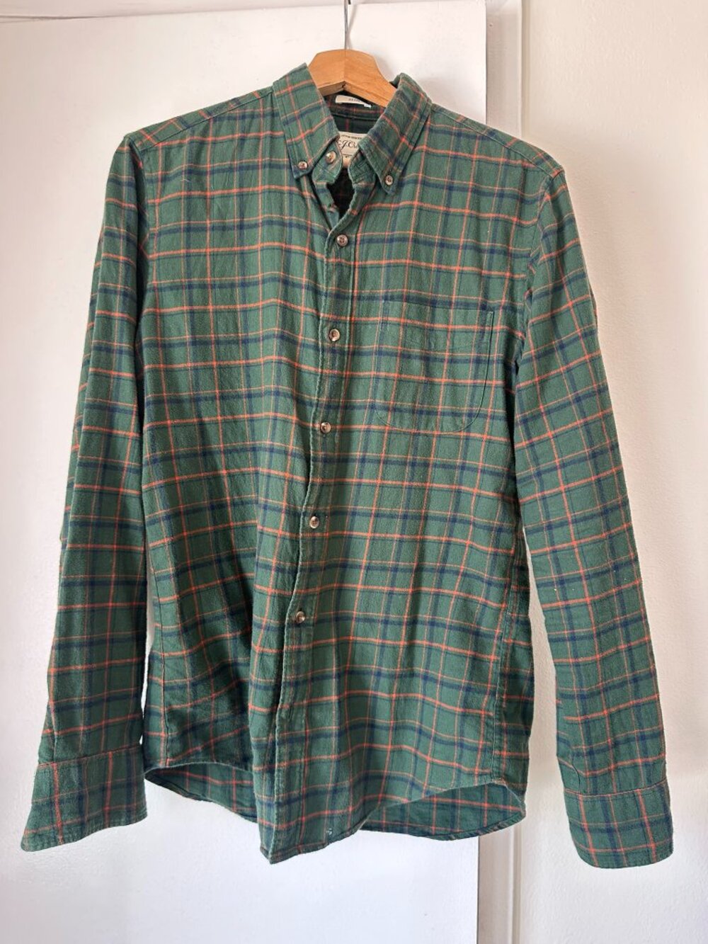J.Crew Slim Fit Brushed Flannel Shirt Small Green Windowpane Plaid Button Down
